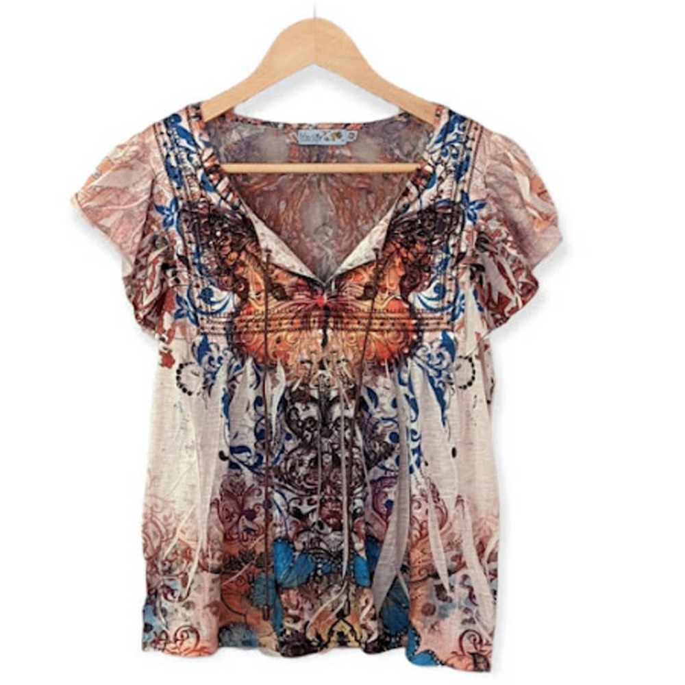 Y2K Butterfly Baby Doll Flutter Sleeve Boho All Over Print Top